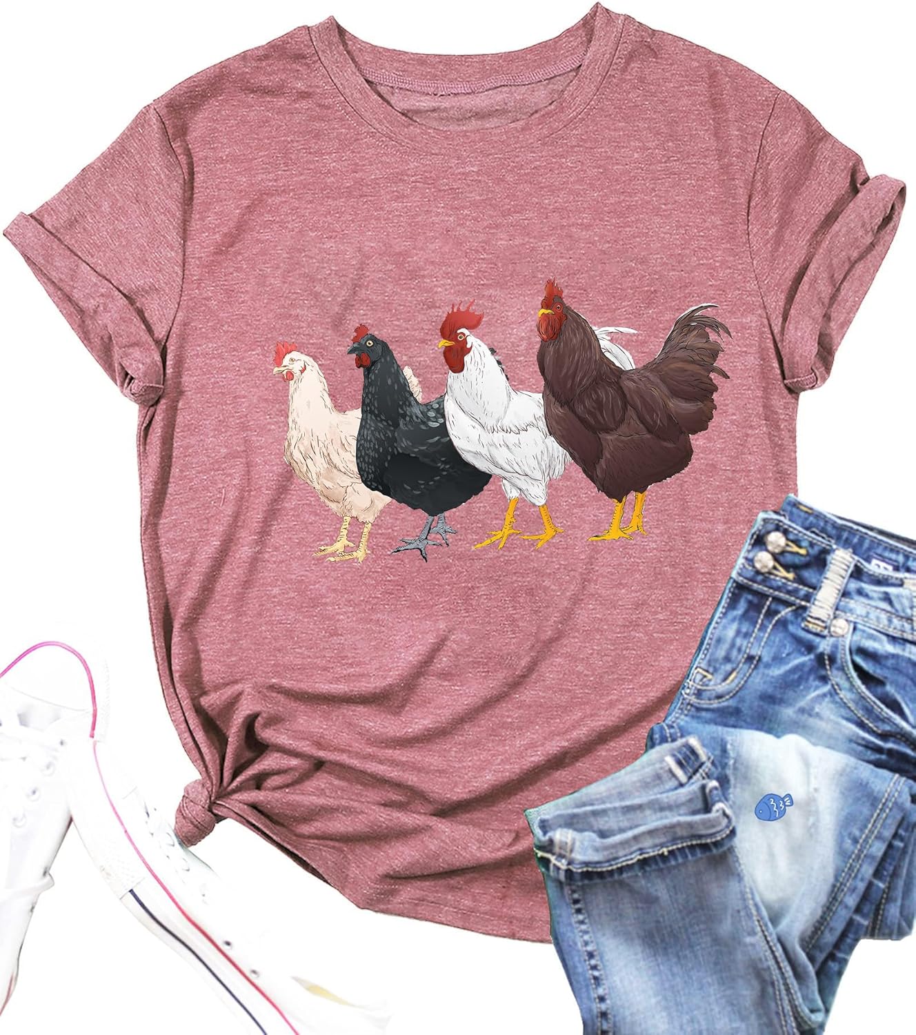 Chicken T-Shirt for Women Funny Chicken Pattern Country Shirt Chicken Lover Farmer Work Casual Farm Top